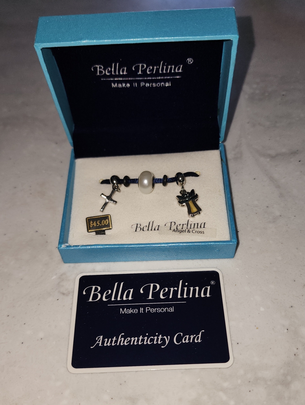Bella Perlina Navy Cord Pearl  with Angle & Cross Charms Add To Any Necklace
